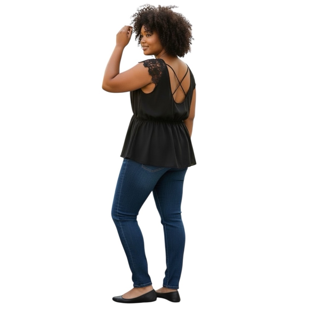 LIBIAN Black Fit & Flare Sleeveless Flowy Blouse Crochet Details size 1X